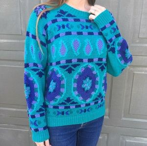 Vintage Teal & Purple Hand Knitted Sweater